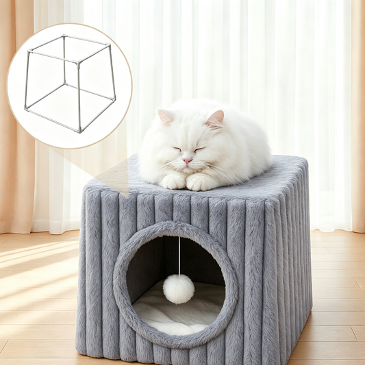 Square Plush Covered Cat Bed with Hanging Toy, Washable Cat Cave for Cats & Kittens