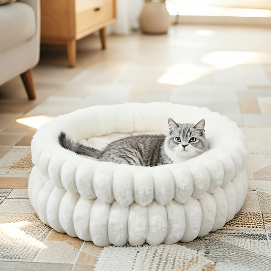 Round Plush Calming Dog & Cat Bed with Raised Rim, Machine Washable