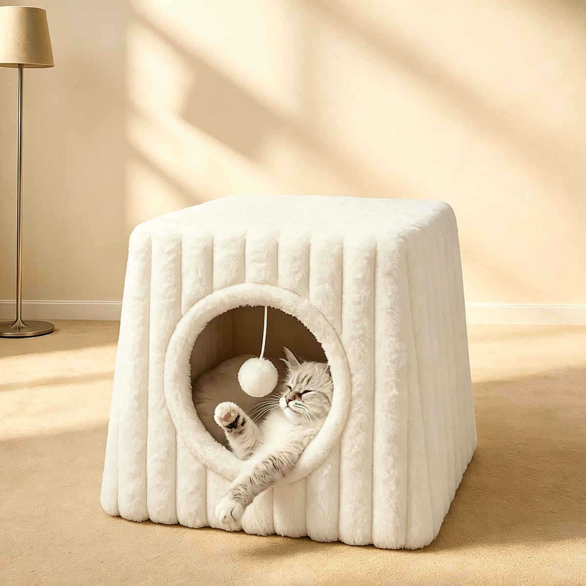 Square Plush Covered Cat Bed with Hanging Toy, Washable Cat Cave for Cats & Kittens