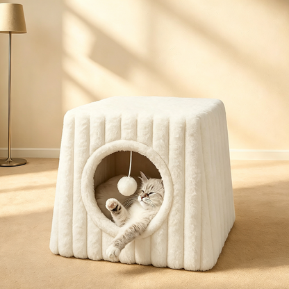 Square Plush Covered Cat Bed with Hanging Toy, Washable Cat Cave for Cats & Kittens