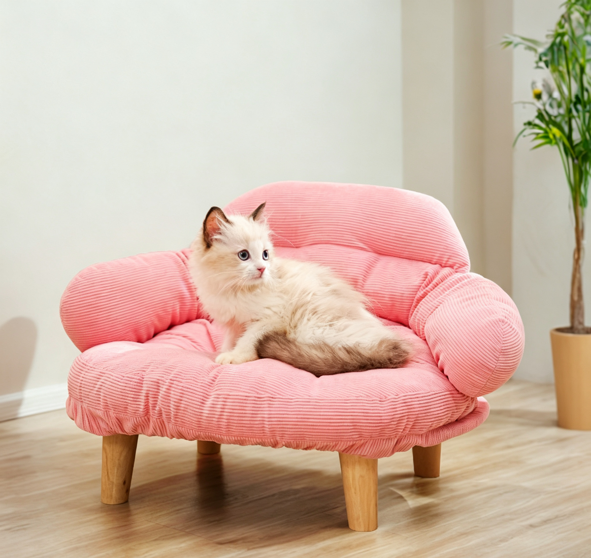 Elevated Plush Pet Sofa Bed with Wooden Legs for Cats & Small Dogs
