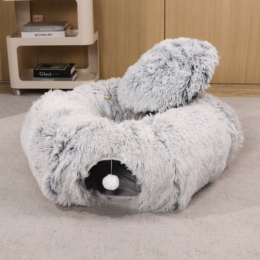 2-in-1 Plush Cat Tunnel Bed with Hanging Toy for Indoor Cats
