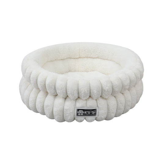 Round Plush Calming Dog & Cat Bed with Raised Rim, Machine Washable