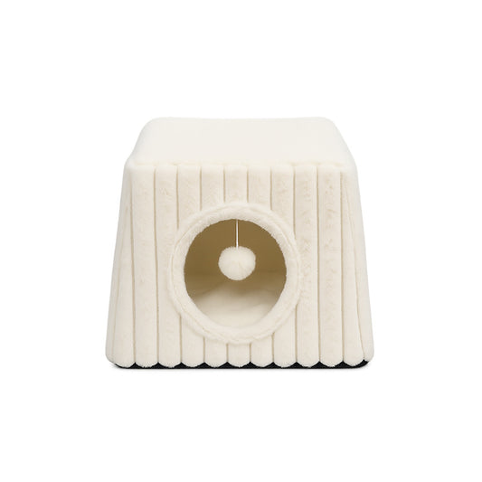 Square Plush Covered Cat Bed with Hanging Toy, Washable Cat Cave for Cats & Kittens