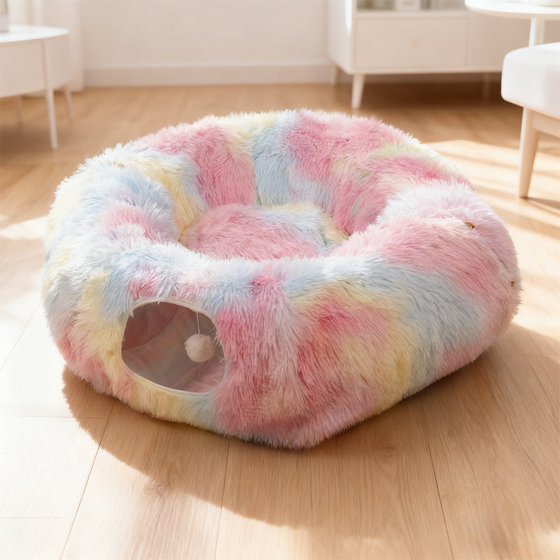 2-in-1 Plush Cat Tunnel Bed with Hanging Toy for Indoor Cats