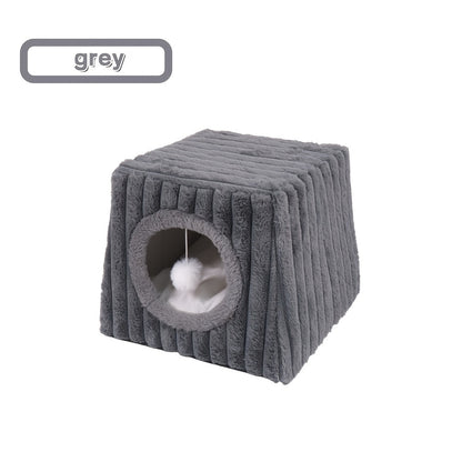 Square Plush Covered Cat Bed with Hanging Toy, Washable Cat Cave for Cats & Kittens