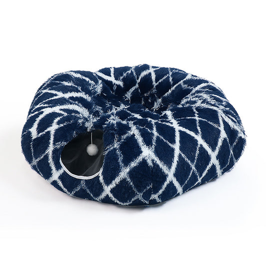 2-in-1 Plush Cat Tunnel Bed with Hanging Toy for Indoor Cats