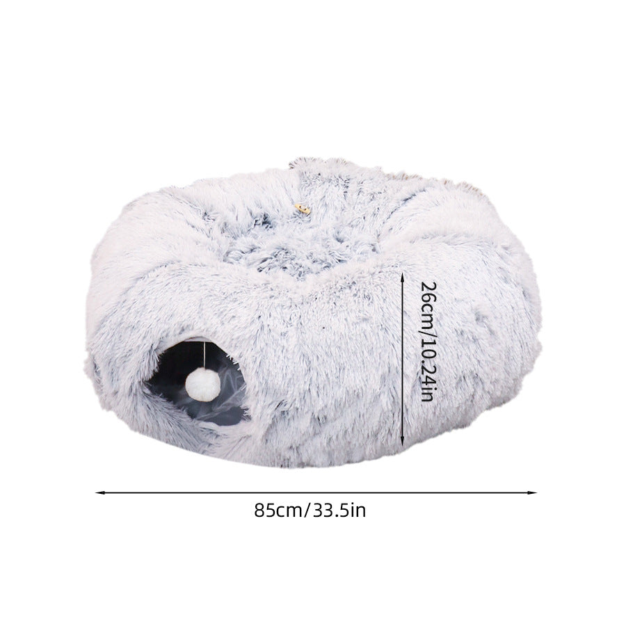 2-in-1 Plush Cat Tunnel Bed with Hanging Toy for Indoor Cats