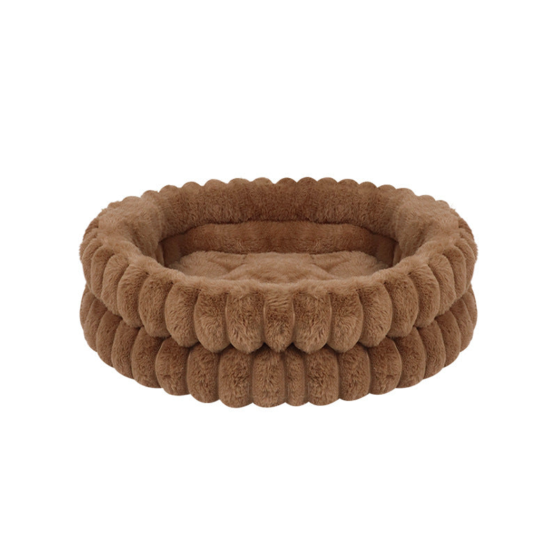 Round Plush Calming Dog & Cat Bed with Raised Rim, Machine Washable